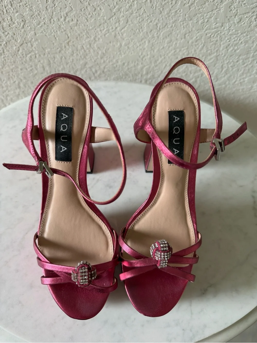 AQUA Metallic Pink Rhinestone Knot Platform Heels Size 7B Y2K-style